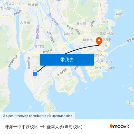 珠海一中平沙校区 to 暨南大学(珠海校区) map