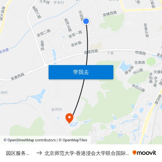 园区服务中心 to 北京师范大学-香港浸会大学联合国际学院 map