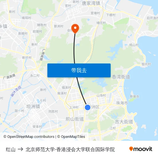 红山 to 北京师范大学-香港浸会大学联合国际学院 map