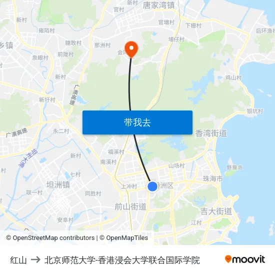红山 to 北京师范大学-香港浸会大学联合国际学院 map