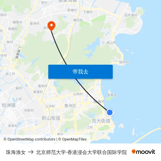 珠海渔女 to 北京师范大学-香港浸会大学联合国际学院 map