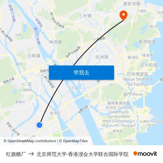 红旗糖厂 to 北京师范大学-香港浸会大学联合国际学院 map