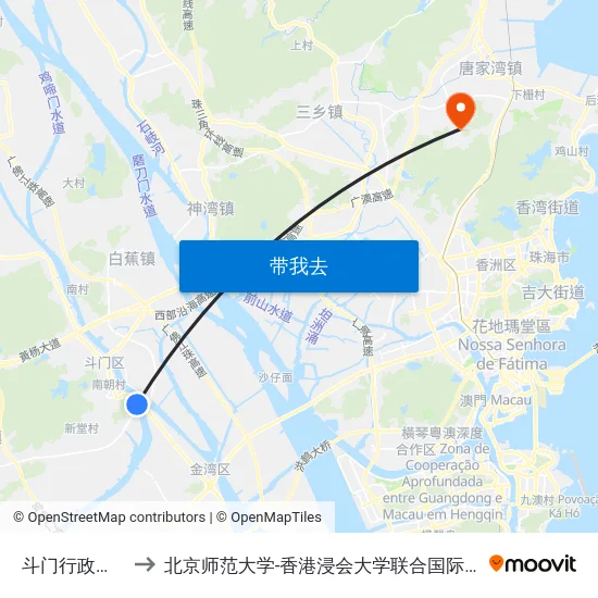 斗门行政中心 to 北京师范大学-香港浸会大学联合国际学院 map
