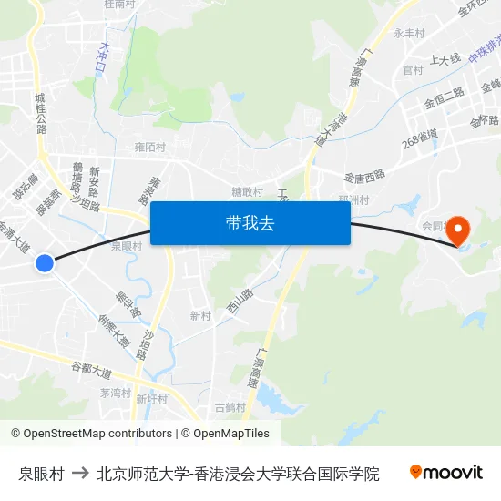 泉眼村 to 北京师范大学-香港浸会大学联合国际学院 map