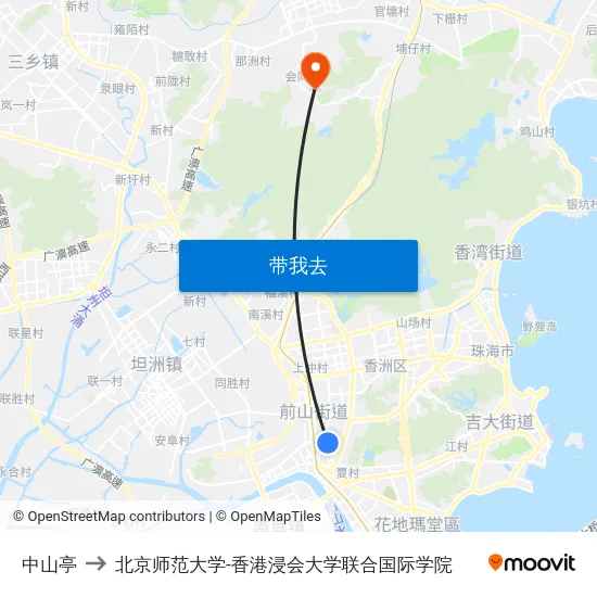 中山亭 to 北京师范大学-香港浸会大学联合国际学院 map