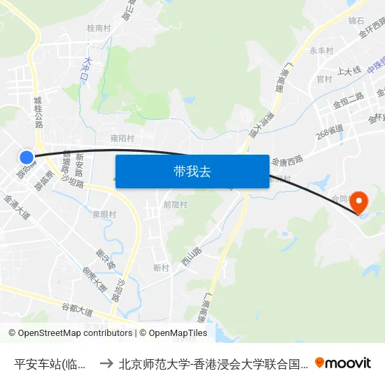 平安车站(临时站) to 北京师范大学-香港浸会大学联合国际学院 map