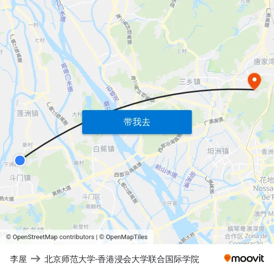 李屋 to 北京师范大学-香港浸会大学联合国际学院 map