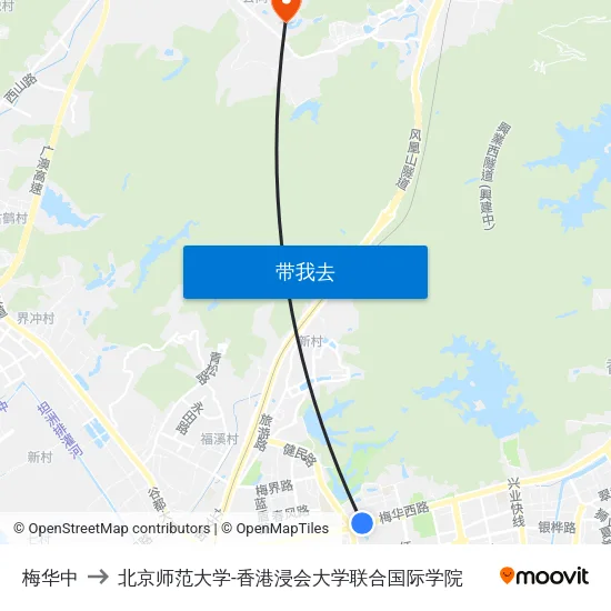梅华中 to 北京师范大学-香港浸会大学联合国际学院 map