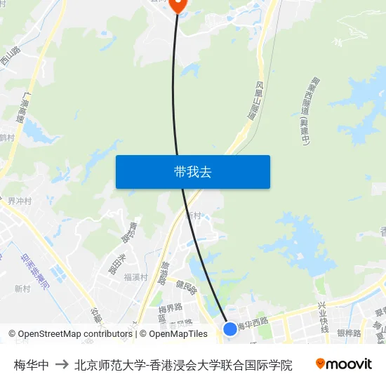 梅华中 to 北京师范大学-香港浸会大学联合国际学院 map