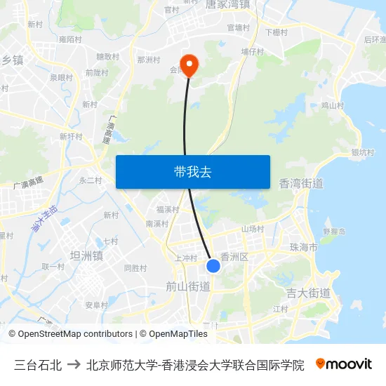 三台石北 to 北京师范大学-香港浸会大学联合国际学院 map