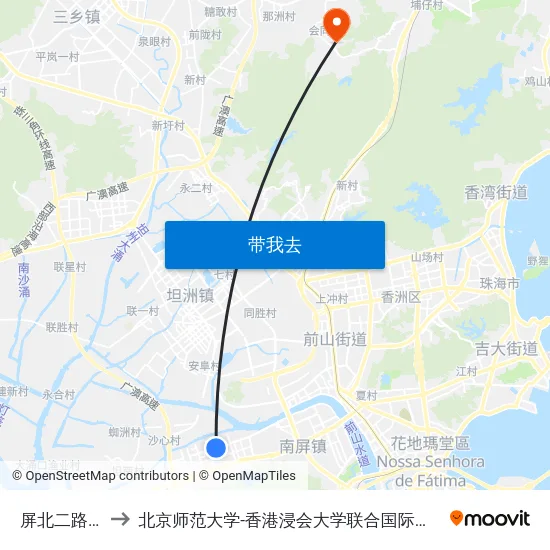 屏北二路中 to 北京师范大学-香港浸会大学联合国际学院 map