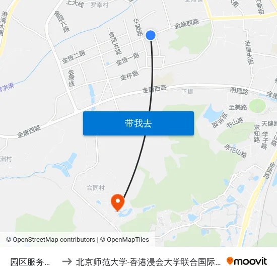 园区服务中心 to 北京师范大学-香港浸会大学联合国际学院 map