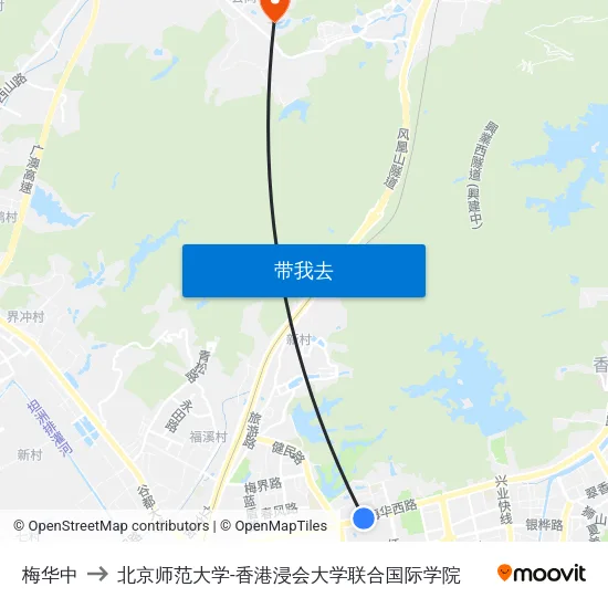梅华中 to 北京师范大学-香港浸会大学联合国际学院 map