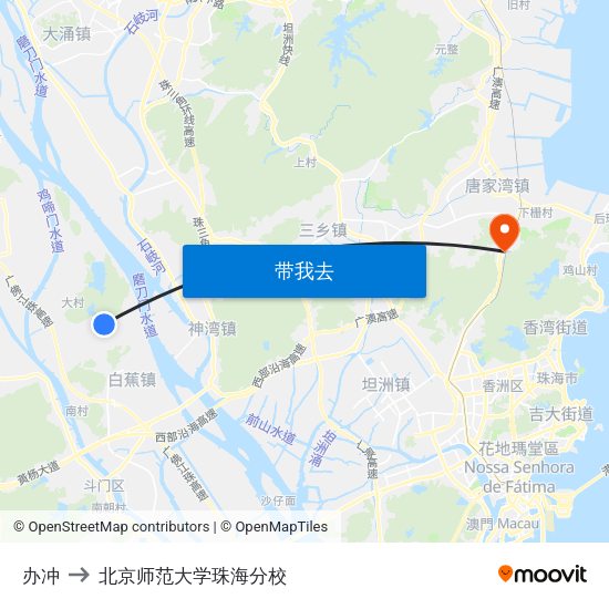 办冲 to 北京师范大学珠海分校 map