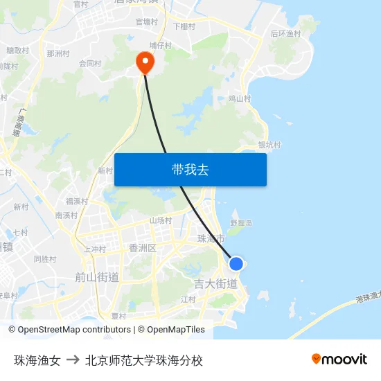 珠海渔女 to 北京师范大学珠海分校 map