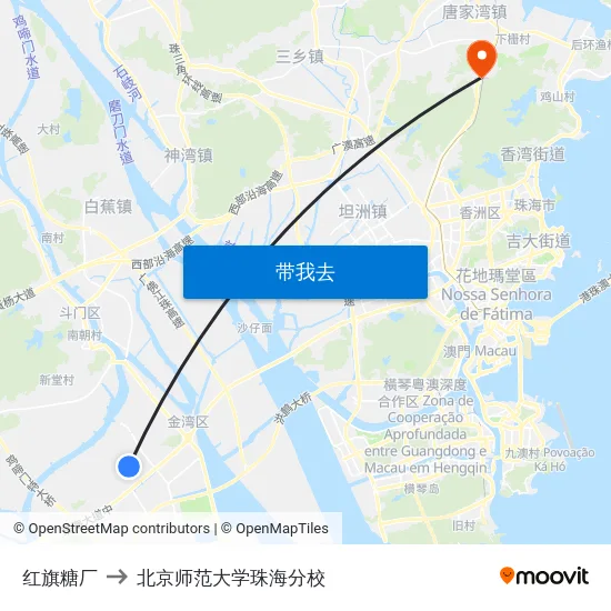 红旗糖厂 to 北京师范大学珠海分校 map