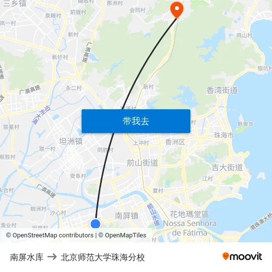 南屏水库 to 北京师范大学珠海分校 map