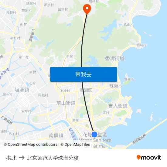 拱北 to 北京师范大学珠海分校 map