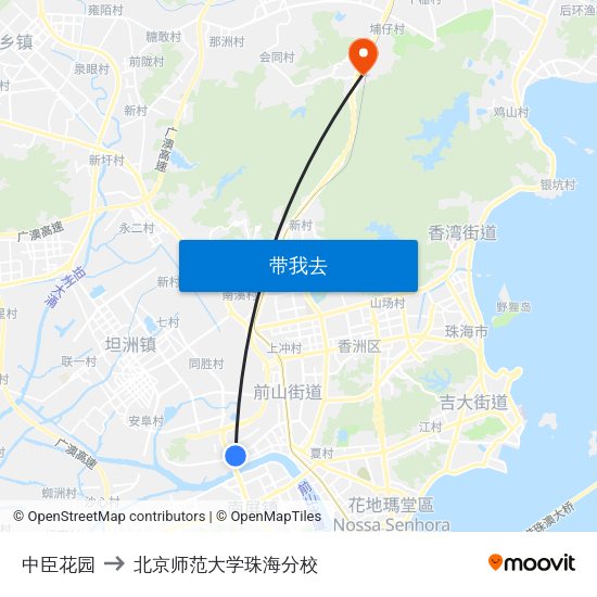 中臣花园 to 北京师范大学珠海分校 map