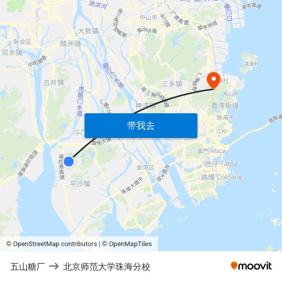 五山糖厂 to 北京师范大学珠海分校 map