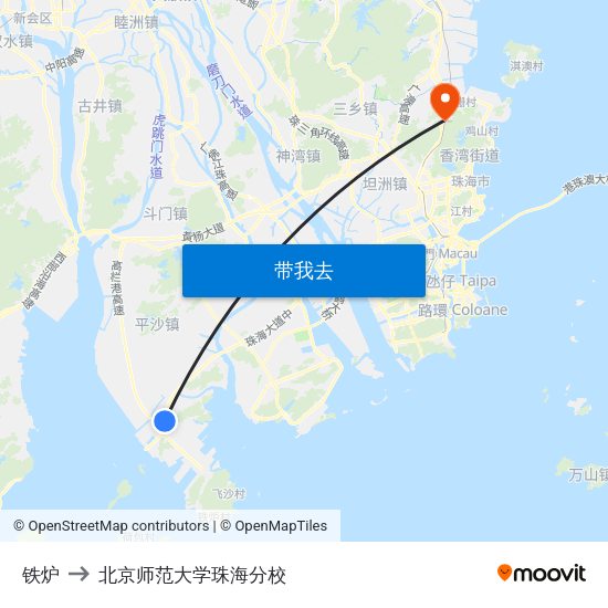 铁炉 to 北京师范大学珠海分校 map