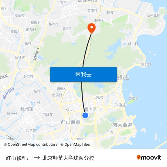 红山修理厂 to 北京师范大学珠海分校 map