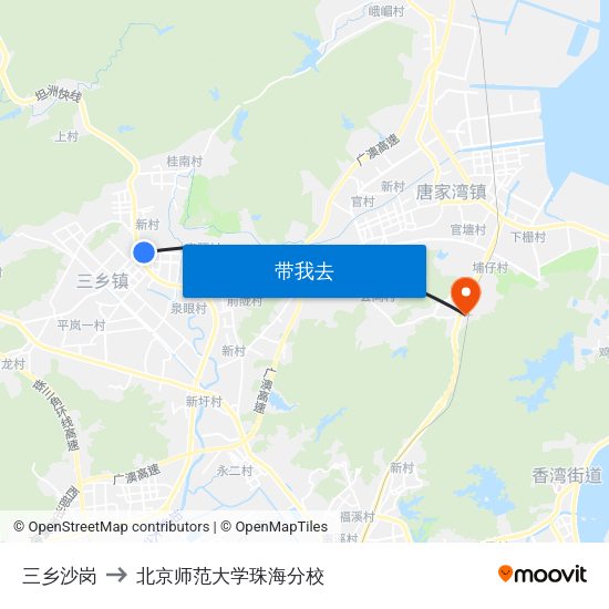 三乡沙岗 to 北京师范大学珠海分校 map