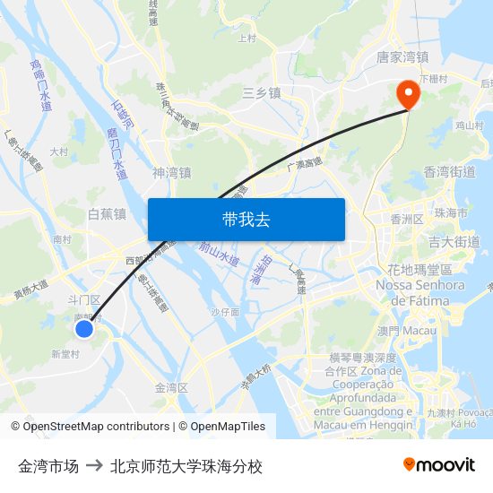 金湾市场 to 北京师范大学珠海分校 map