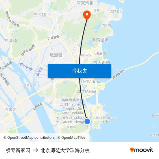 横琴新家园 to 北京师范大学珠海分校 map