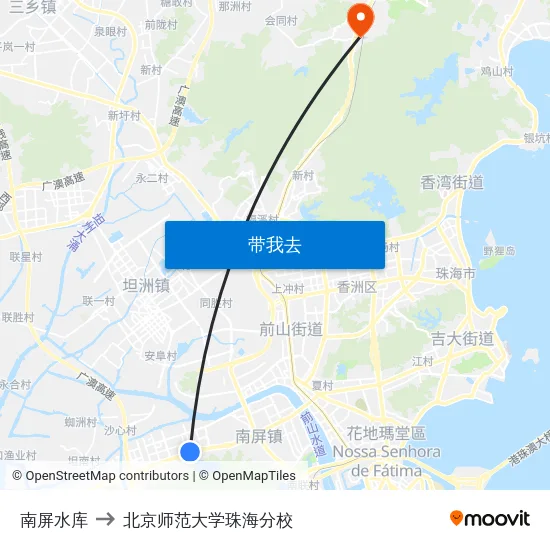 南屏水库 to 北京师范大学珠海分校 map