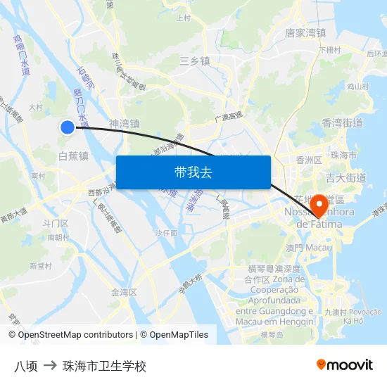 八顷 to 珠海市卫生学校 map