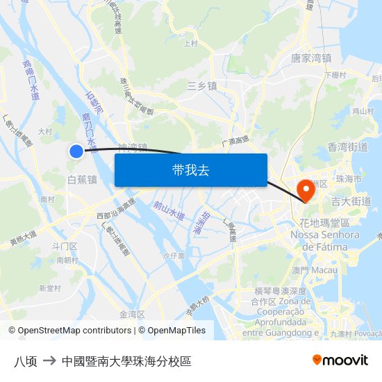 八顷 to 中國暨南大學珠海分校區 map