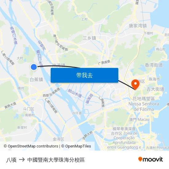 八顷 to 中國暨南大學珠海分校區 map