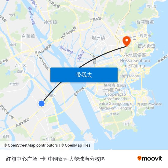 红旗中心广场 to 中國暨南大學珠海分校區 map