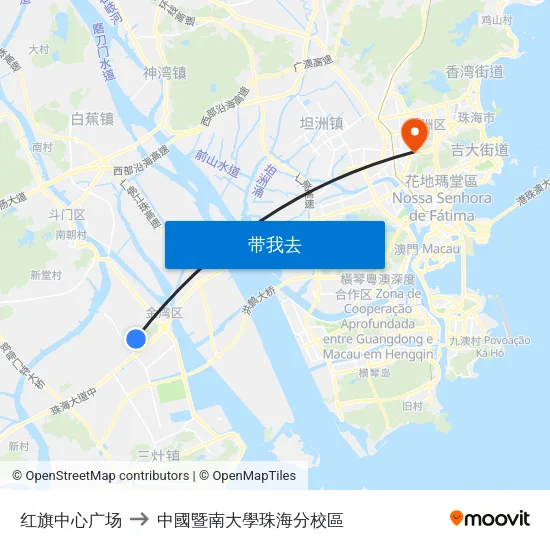 红旗中心广场 to 中國暨南大學珠海分校區 map