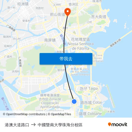 港澳大道路口 to 中國暨南大學珠海分校區 map