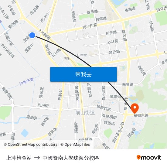 上冲检查站 to 中國暨南大學珠海分校區 map