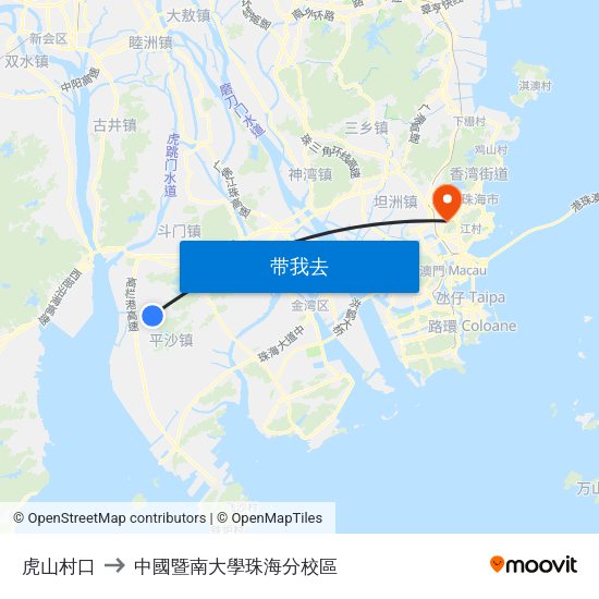 虎山村口 to 中國暨南大學珠海分校區 map