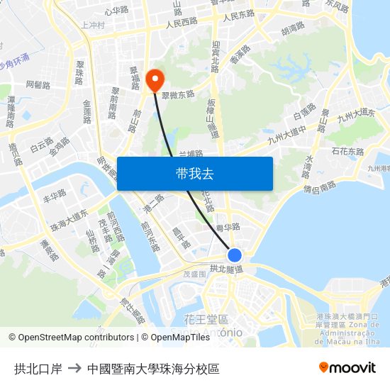 拱北口岸 to 中國暨南大學珠海分校區 map