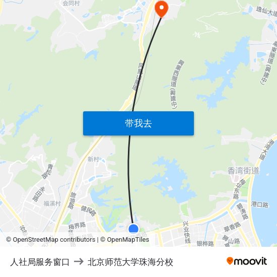 人社局服务窗口 to 北京师范大学珠海分校 map