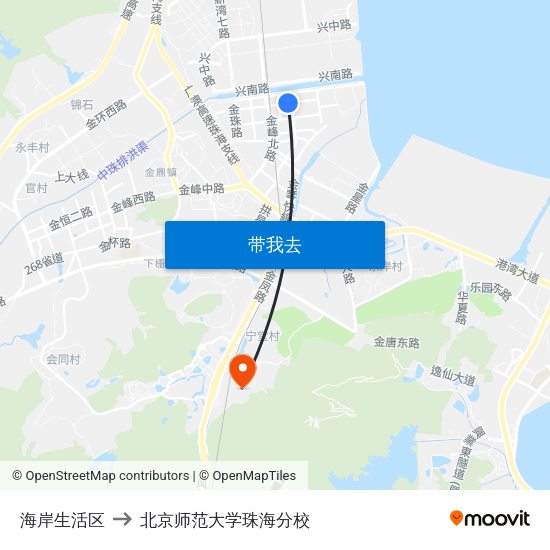 海岸生活区 to 北京师范大学珠海分校 map