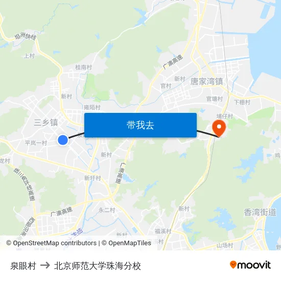 泉眼村 to 北京师范大学珠海分校 map