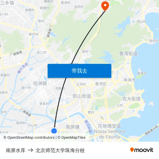 南屏水库 to 北京师范大学珠海分校 map