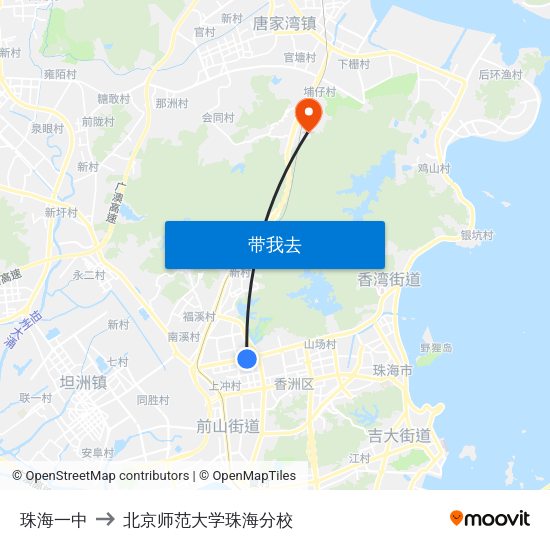 珠海一中 to 北京师范大学珠海分校 map