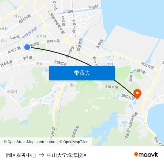 园区服务中心 to 中山大学珠海校区 map