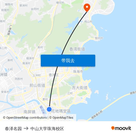 春泽名园 to 中山大学珠海校区 map