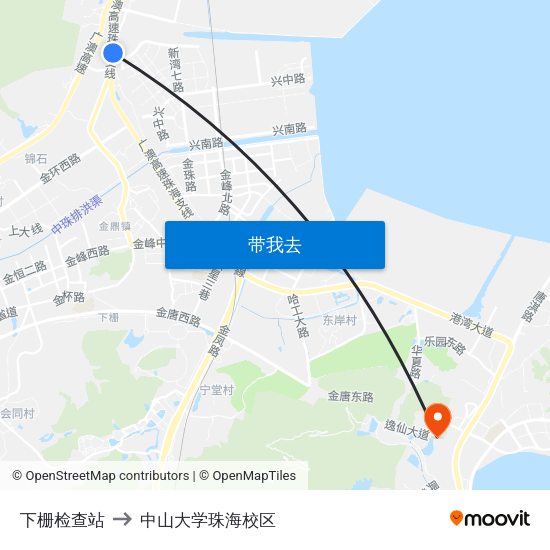 下栅检查站 to 中山大学珠海校区 map