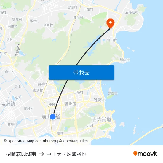 招商花园城南 to 中山大学珠海校区 map