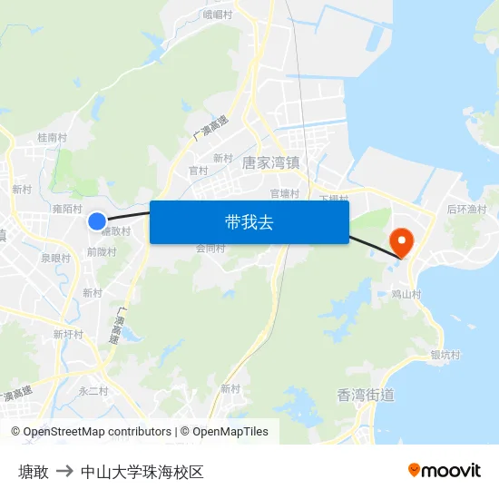 塘敢 to 中山大学珠海校区 map