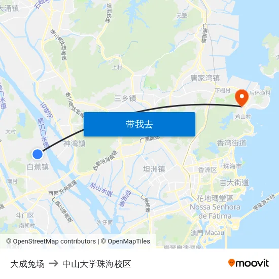大成兔场 to 中山大学珠海校区 map